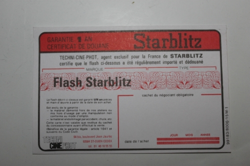 Certificat de douane et garantie flash Starblitz